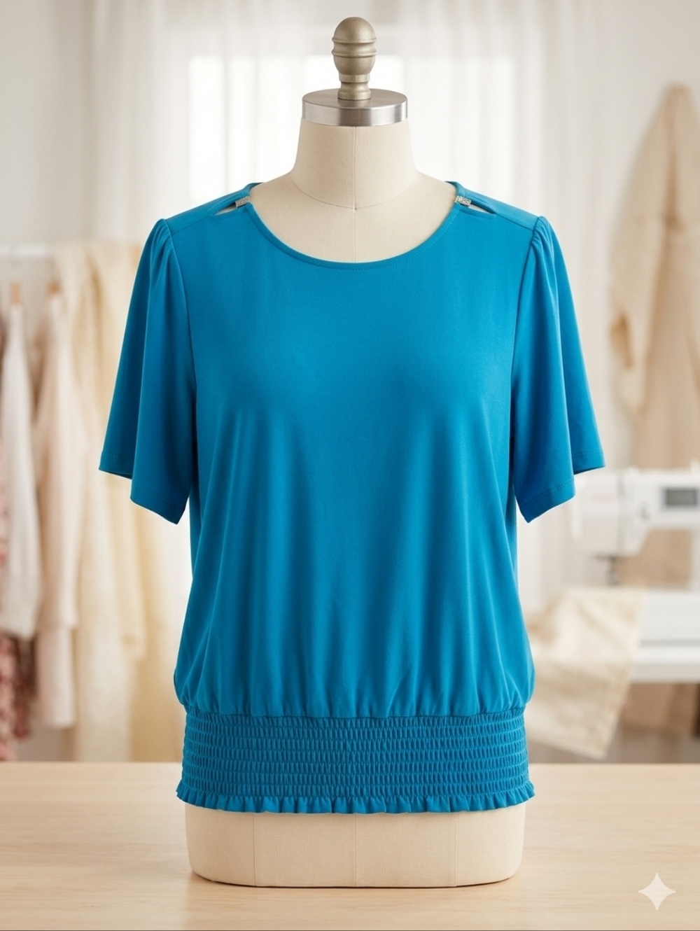 Michael Kors Teal-Blue Short Sleeve Smocked-Hem Top